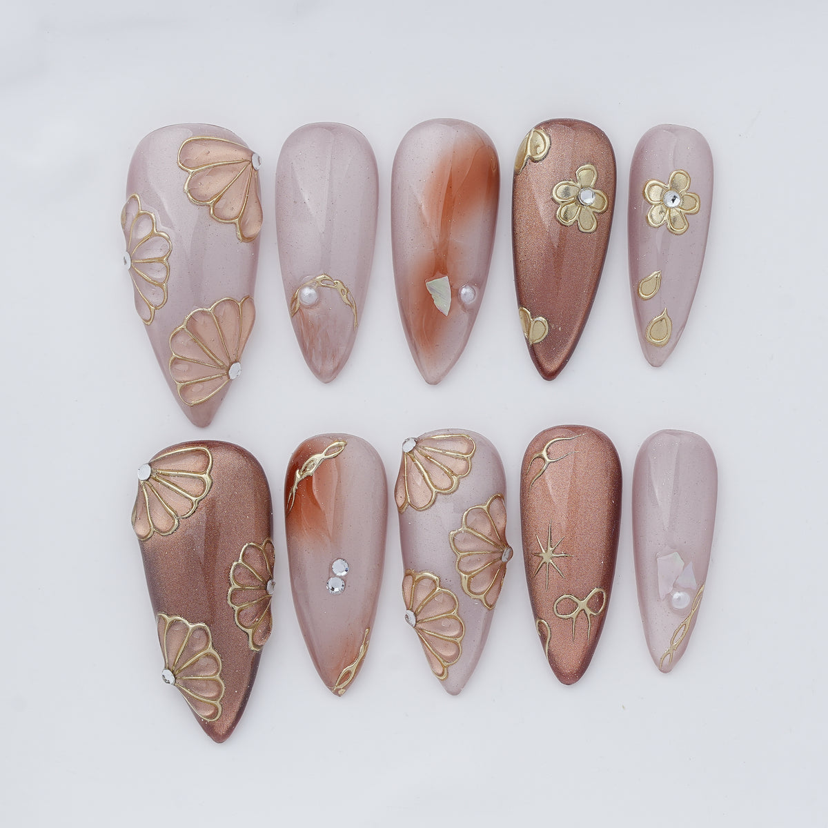 Rose Gold Floral Press On Nails - 3D Gold Flower Handmade Nails