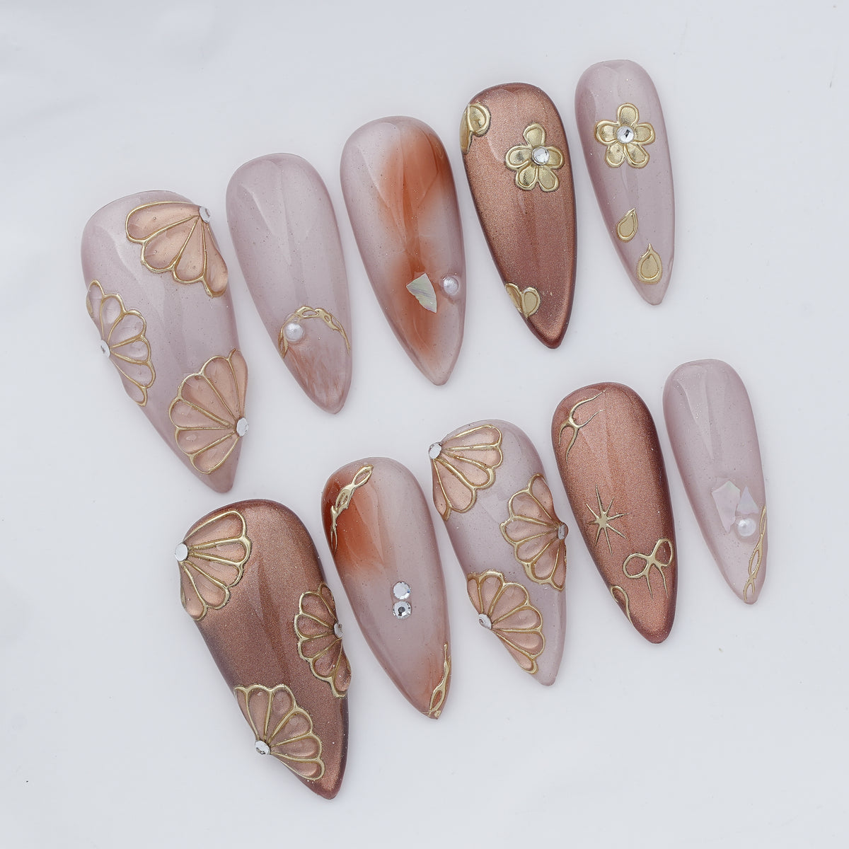 Rose Gold Floral Press On Nails - 3D Gold Flower Handmade Nails