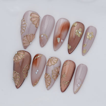 Rose Gold Floral Press On Nails - 3D Gold Flower Handmade Nails
