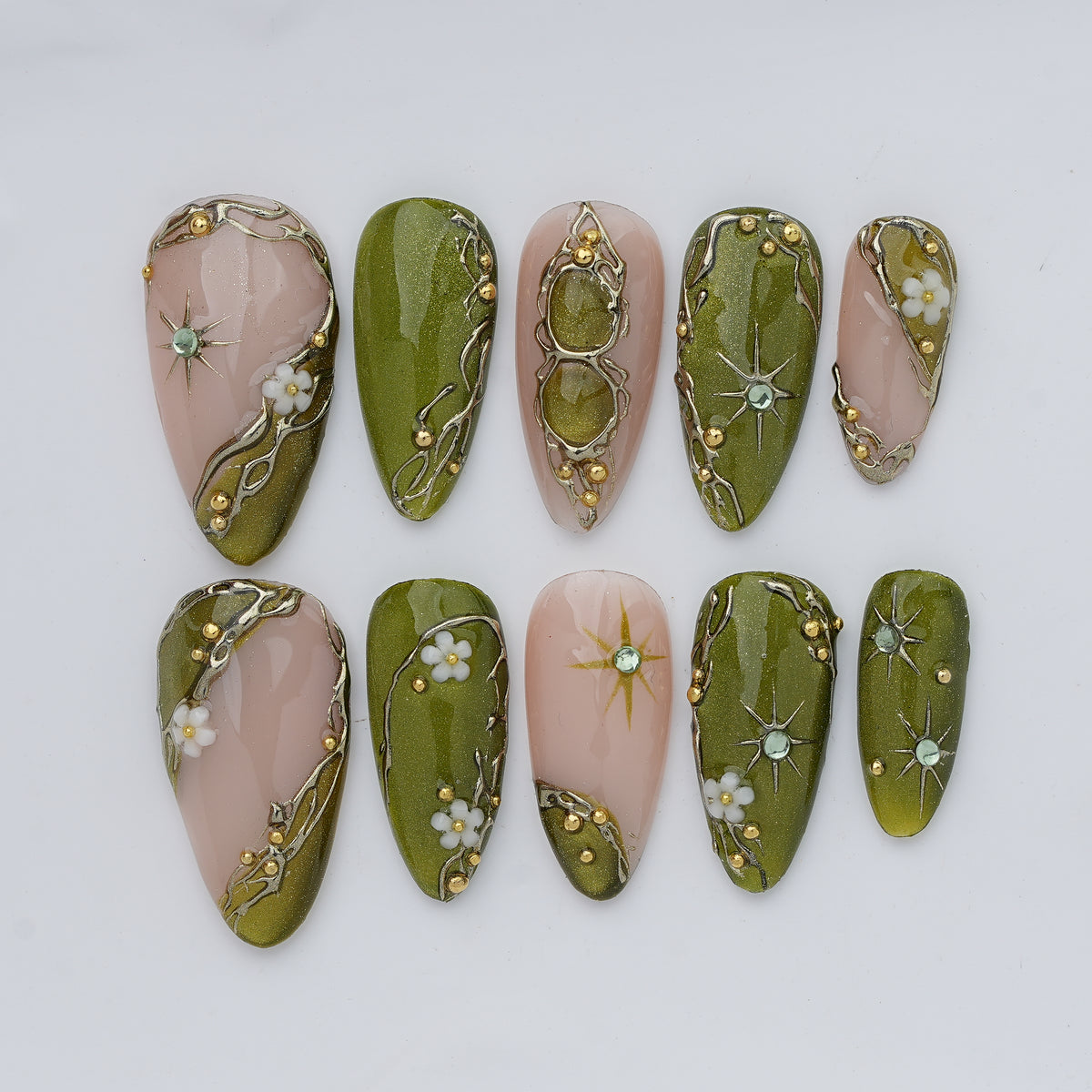 Olive Green Floral Celestial Press On Nails
