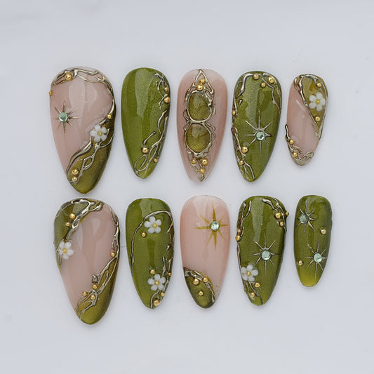 Olive Green Floral Celestial Press On Nails