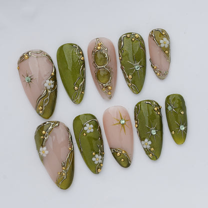 Olive Green Floral Celestial Press On Nails