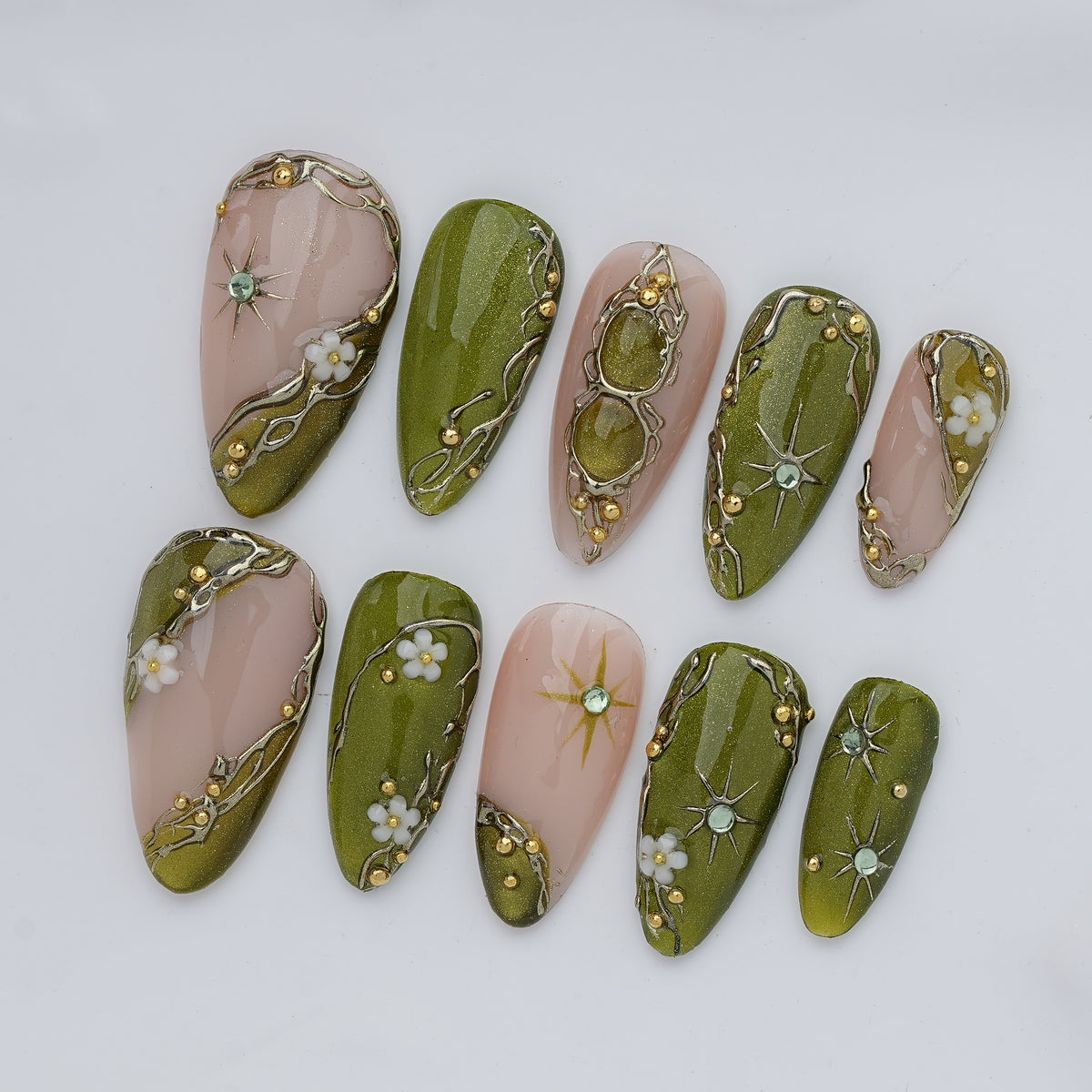 Olive Green Floral Celestial Press On Nails