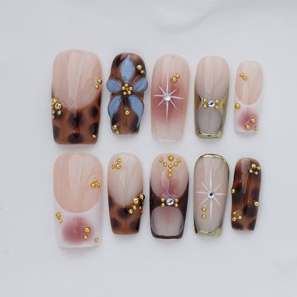 Brown Floral Crystal Press On Nails
