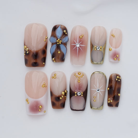 Brown Floral Crystal Press On Nails