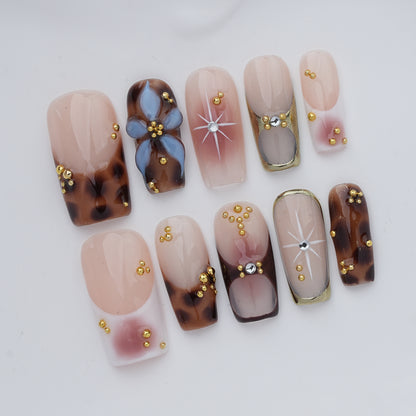 Brown Floral Crystal Press On Nails