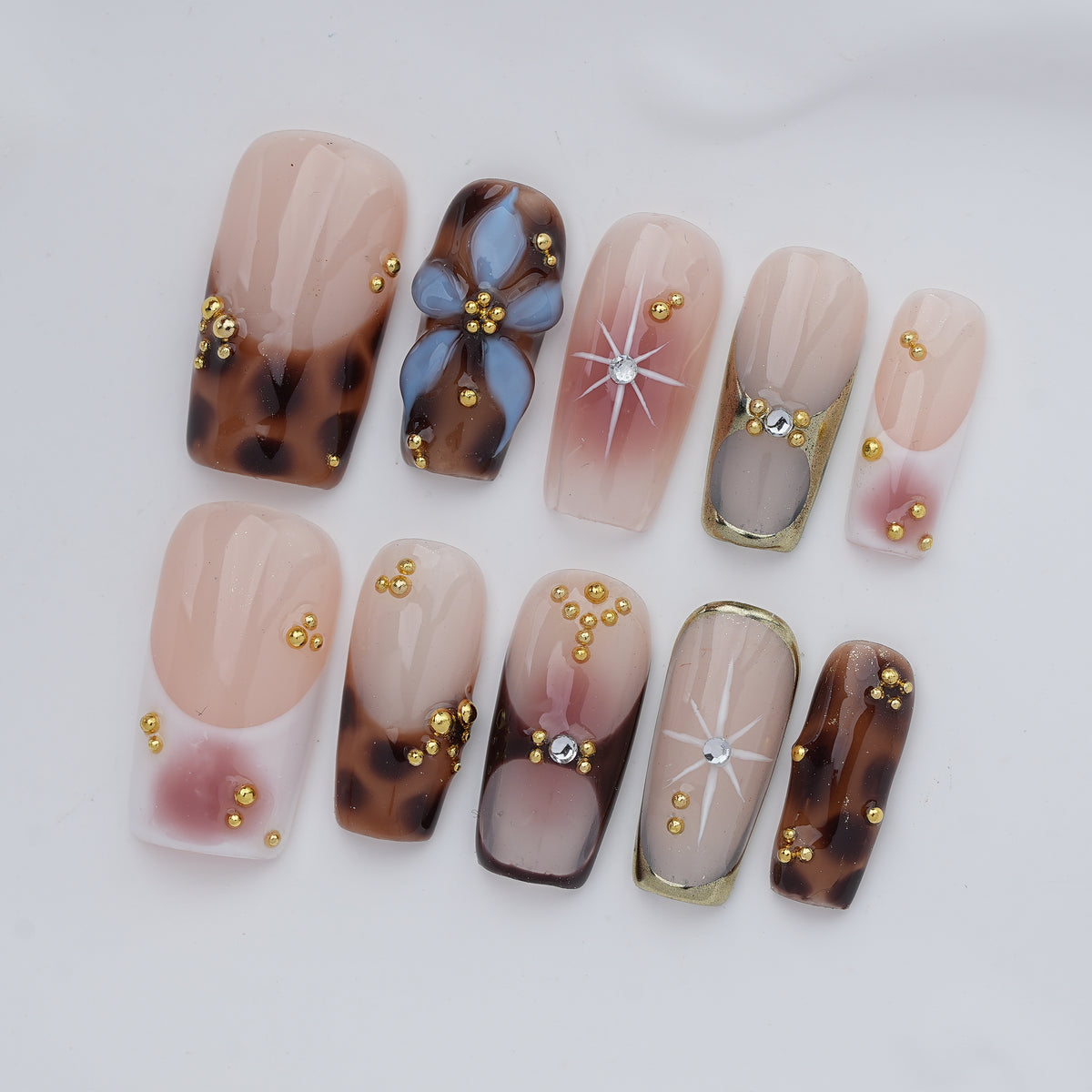 Brown Floral Crystal Press On Nails