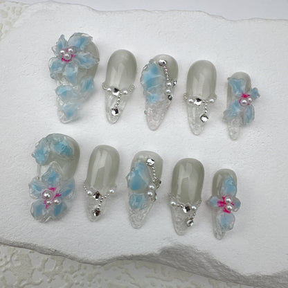 3D flower nails/custom press on nails/party press on nails/Flakes for nails/Beautiful nails gift/nail art/Long nails/Almond nails-14
