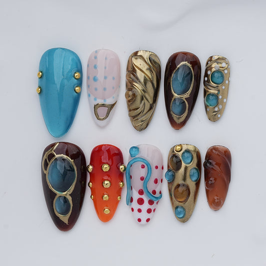 Blue & Brown Gemstone Press On Nails