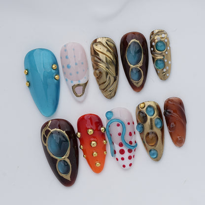 Blue & Brown Gemstone Press On Nails