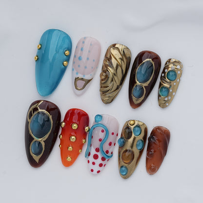 Blue & Brown Gemstone Press On Nails
