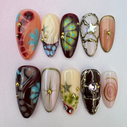 3D Handmade Nails/custom press on nails/party press on nails/Flakes for nails/Beautiful nails gift/nail art/Long nails/Almond nails