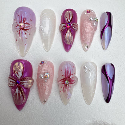 3D flower nails/custom press on nails/party press on nails/Flakes for nails/Beautiful nails gift/nail art/Long nails/Almond nails-12
